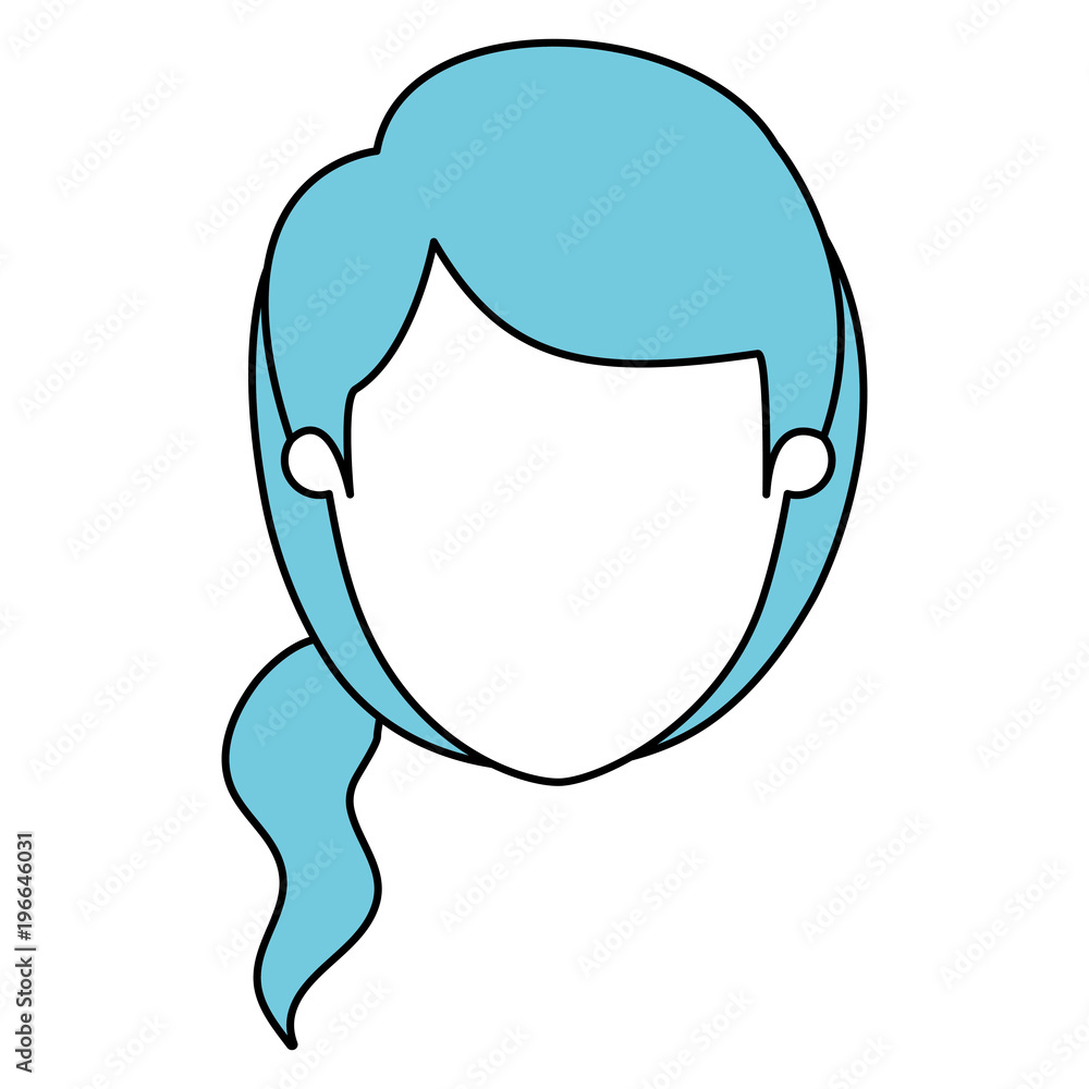 silhouette cartoon front view faceless closeup woman with blue side ponytail hair vector illustration