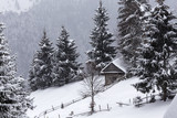Wooden barn on Romanian mountains at winter