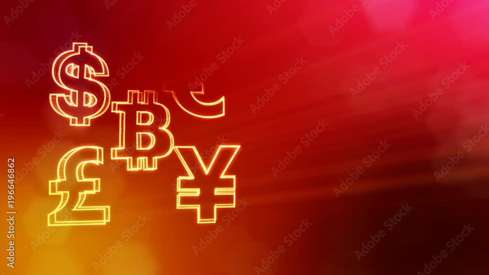 symbol bitcoin dollar euro pound and yen. Financial background made of glow particles as vitrtual hologram. 3D seamless animation with depth of field, bokeh and copy space. Red color v2 symbol bitcoin dollar euro pound and yen. Financial background made of glow particles as vitrtual hologram. 3D seamless animation with depth of field, bokeh and copy space. Red color v2