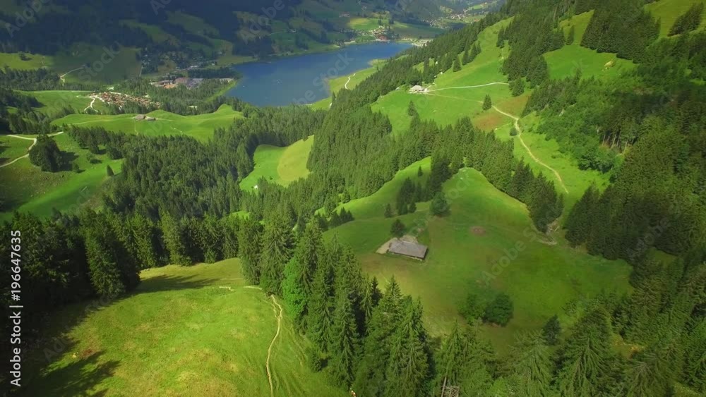 4K beautiful country side lake aerial panorama. Cinematic drone shot - amazing nature