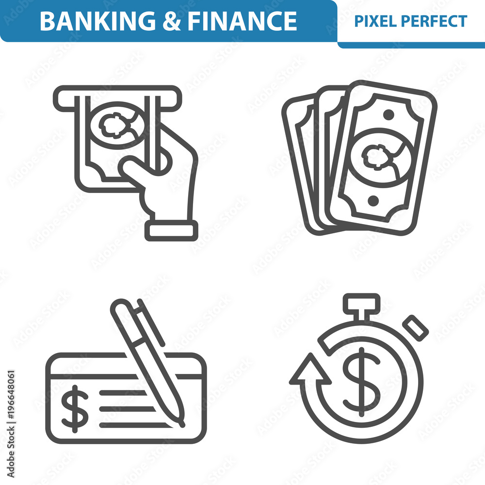 Banking and Finance Icons. Professional, pixel perfect icons depicting various banking, finance and money concepts. EPS 8 format. Banking and Finance Icons. Professional, pixel perfect icons depicting various banking, finance and money concepts. EPS 8 format.