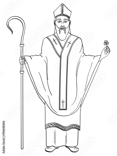 Patron saint of Ireland. Saint Patrick holding a trefoil and crosier staff with greeting ribbon. Object Coloring book