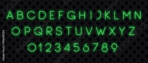 Neon font. Green neon alphabet with numbers on a dark background. Vector illustration.