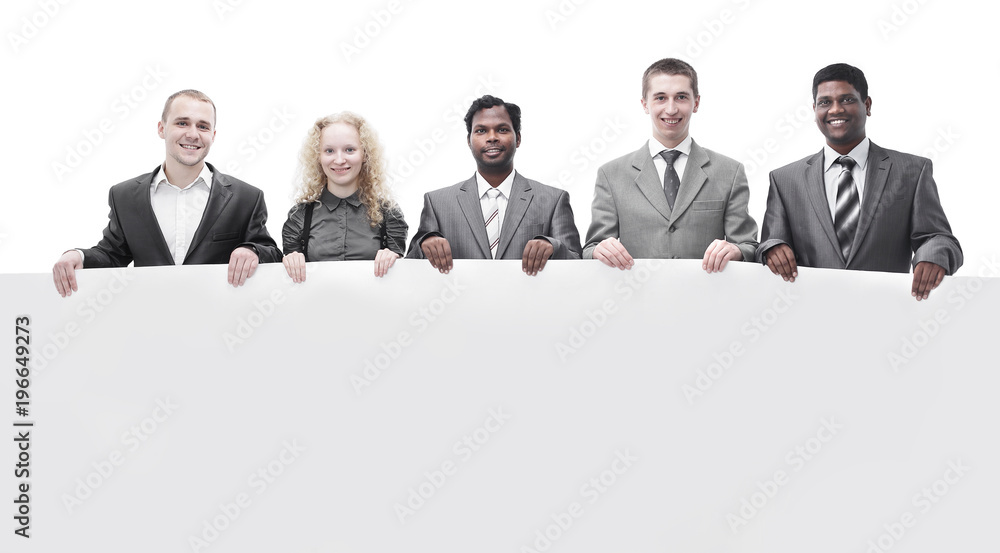successful business team showing empty blank banner successful business team showing empty blank banner
