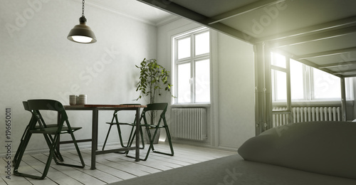 Foto Zweckmäßig eingerichtetes Wohnzimmer für Feriengäste und Monteure vom Bett aus