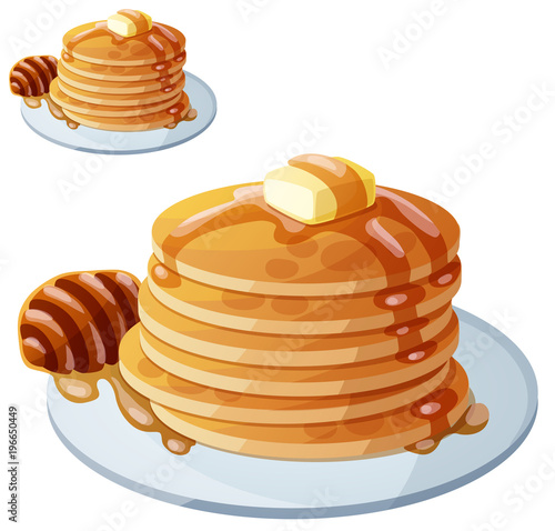 Pancakes with honey and butter. Cartoon vector icon isolated on white background