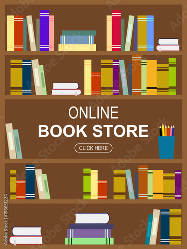 Vector flat book shelf. Online bookstore