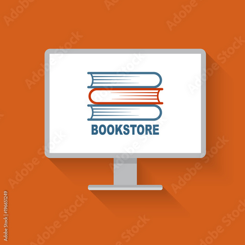 Vector flat illustration with computer monitor. Online bookstore