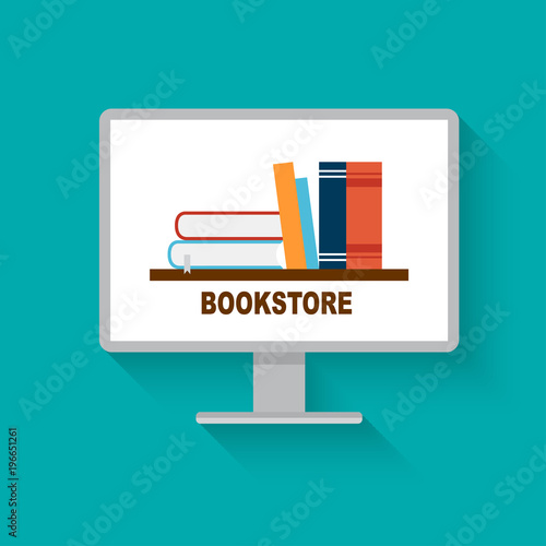 Vector flat illustration with computer monitor. Online bookstore