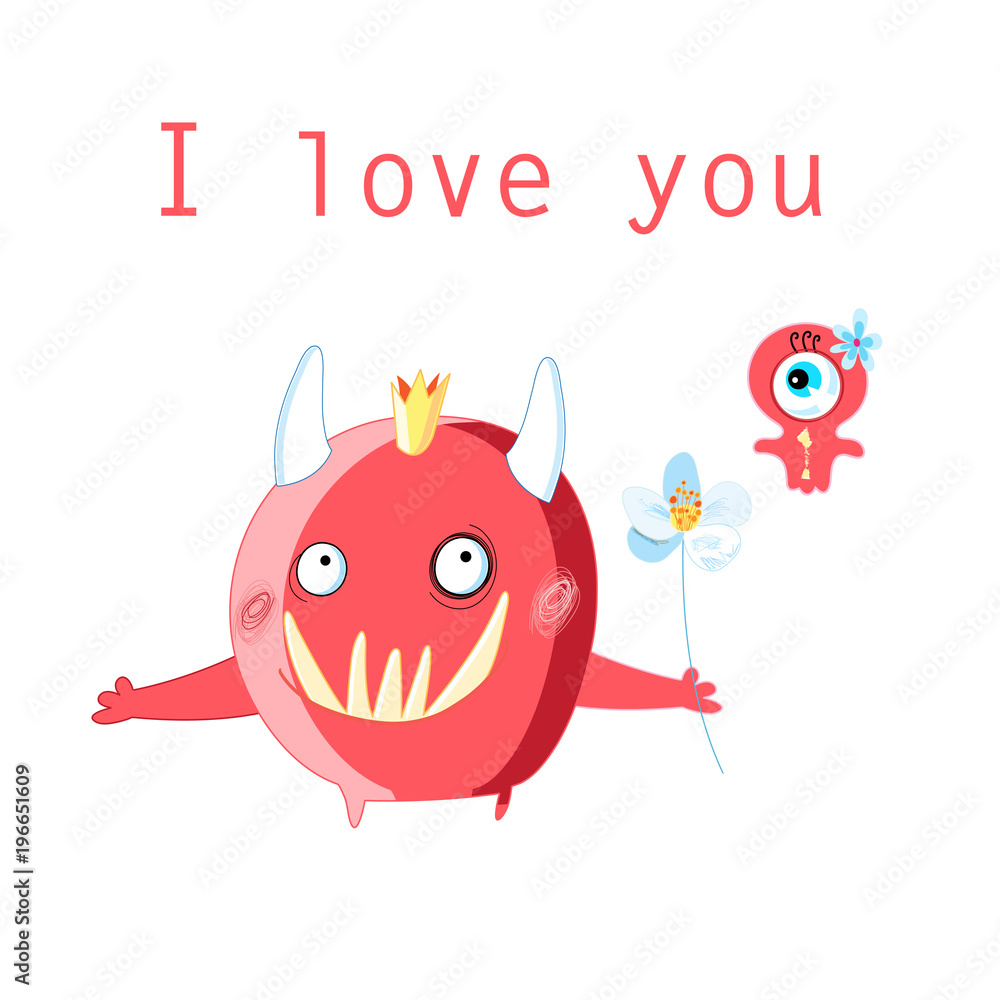 Greeting card with cheerful in love monsters Greeting card with cheerful in love monsters