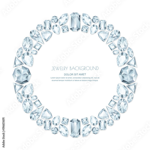 Vector round frame from realistic silver gems and jewels on white background. Shiny diamonds jewelry design elements.