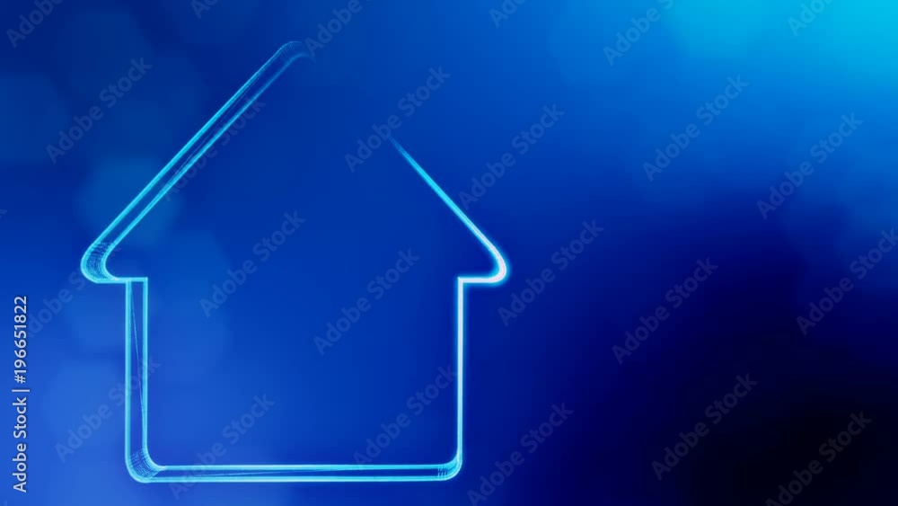 icon of house. Background made of glow particles as vitrtual hologram. 3D seamless animation with depth of field, bokeh and copy space.. Blue color v2 icon of house. Background made of glow particles as vitrtual hologram. 3D seamless animation with depth of field, bokeh and copy space.. Blue color v2