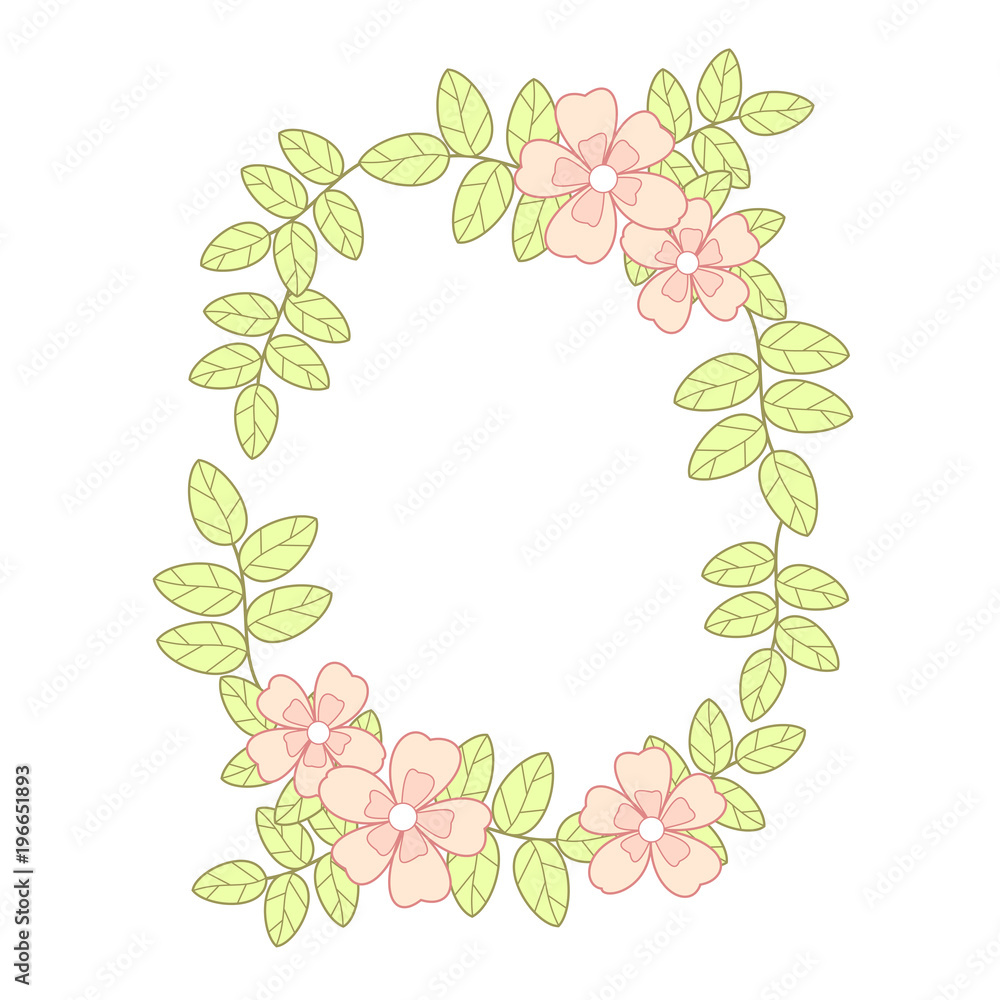 Oval frame with climbing plants with pink flowers and green leaves. Oval frame with climbing plants with pink flowers and green leaves.