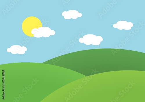 Flat design illustration of landscape with meadow and hill under blue sky with sun and clouds