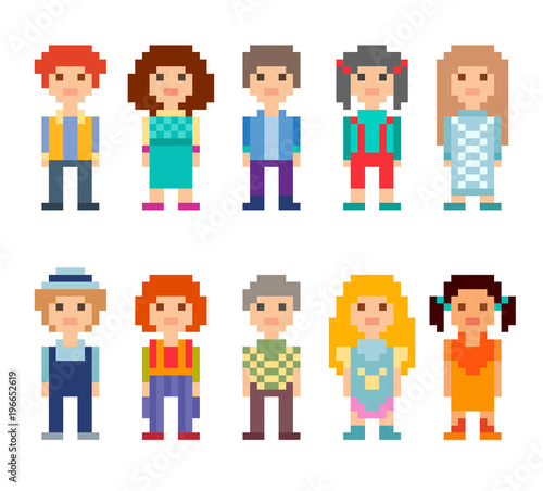 Set of different 8-bit characters isolated on white background