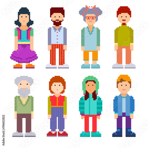 Set of different pixel art characters. Vector illustration