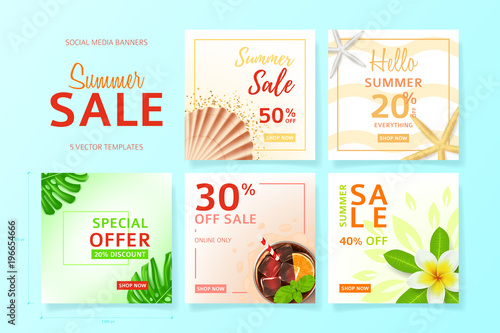 Collection of social media web banners for summer sale. Vector illustration with realistic tropical summer fruit. Web banners templates for promotion in online social communities.