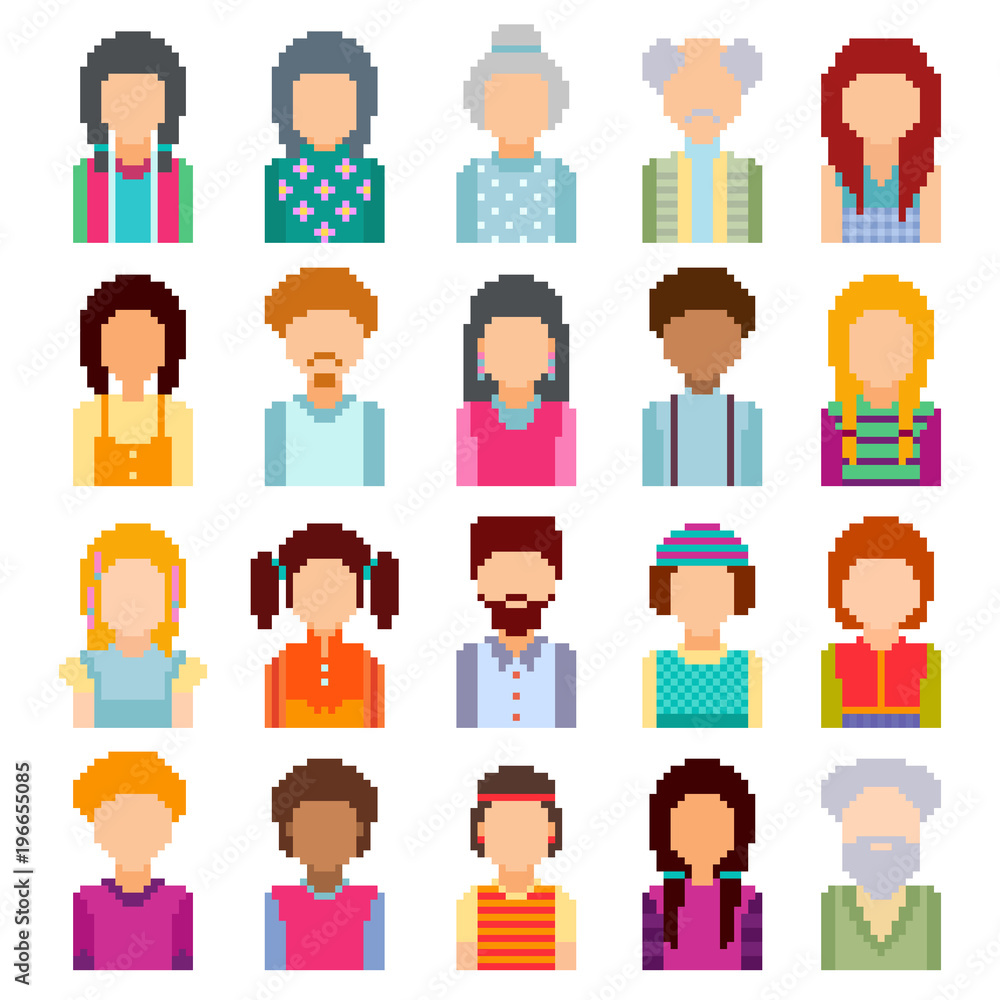 Set of pixel art avatar faces. Men and women of all ages on white background. Set of pixel art avatar faces. Men and women of all ages on white background.