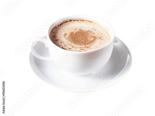 cup of coffee with cinnamon on white background