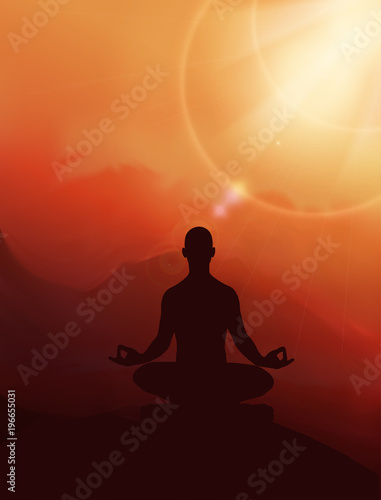 Yoga man on meditation. Sunrise with yoga person