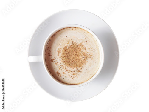 cup of coffee with cinnamon on white background