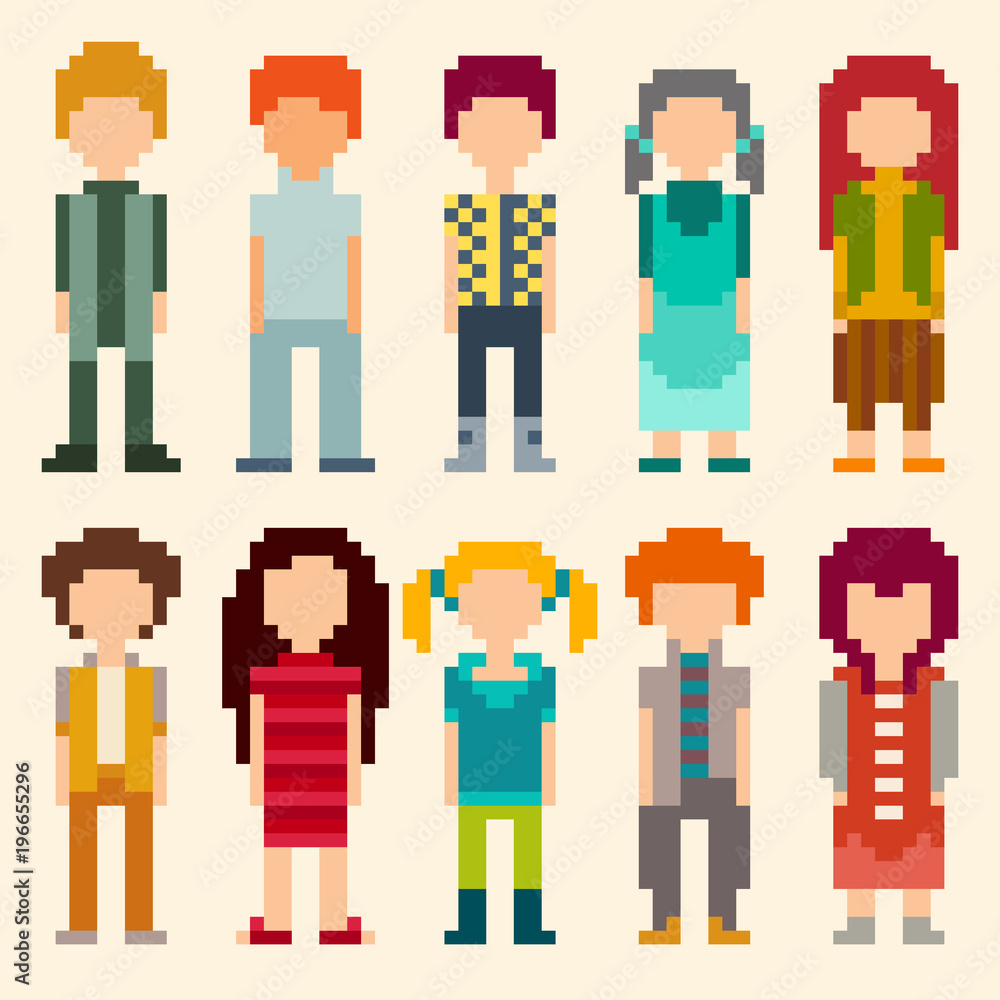 Set of pixel art style characters. Men and women standing on light background. Vector illustration.