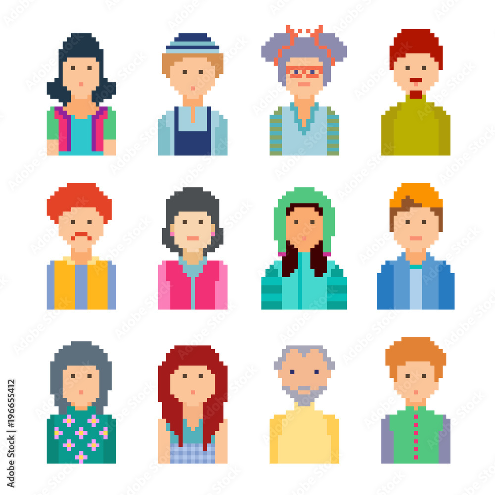 Set of pixel people avatar faces, vector illustration. Men and women of all ages on white background. Set of pixel people avatar faces, vector illustration. Men and women of all ages on white background.