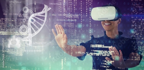 Composite image of woman gesturing while using virtual reality