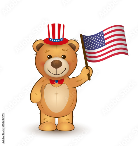 Vector cartoon teddy bear with american flag. Patriotic illustration