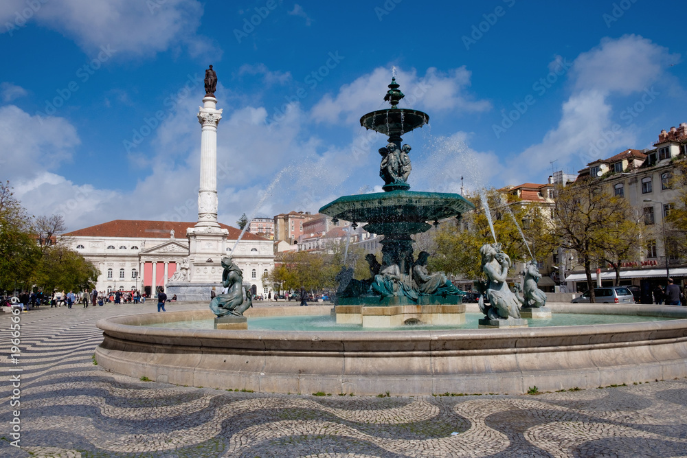 Rossio Square, Lisbon. 11th March 2018. Fountains in the Rossio Square.