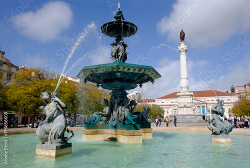 Rossio Square, Lisbon. March 11th 2018. Fountains in the Rossio Square.