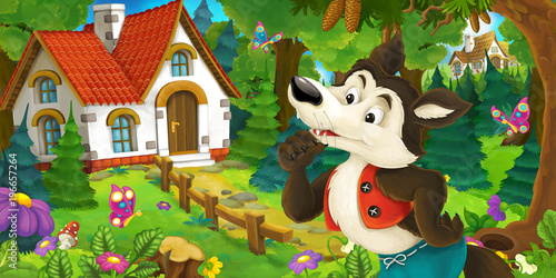 Fototapeta Naklejka Na Ścianę i Meble -  cartoon scene with wolf in the forest near beautiful wooden farm house - illustration for children