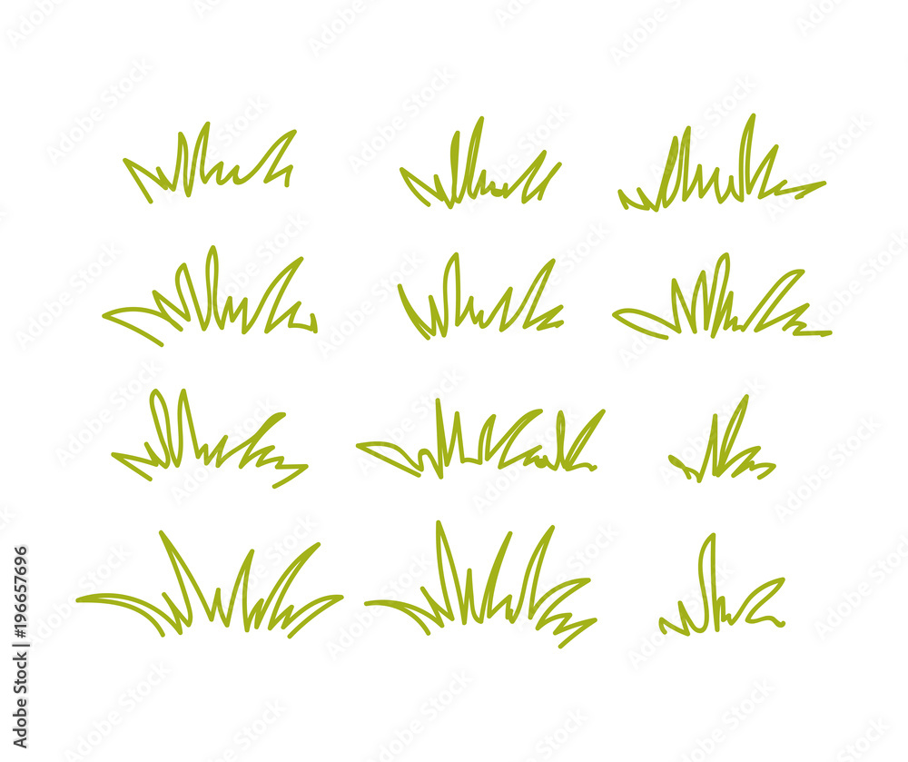 Set of green grass tufts, clip art, transparent background