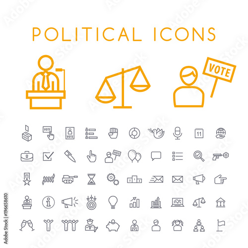 Set of 50 Minimal Thin Line Political Icons on White Background . Isolated Vector Elements 