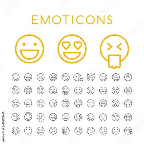 Set of 50 Minimal Thin Line Emoticons Icons on White Background . Isolated Vector Elements 