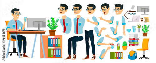 Business Man Character Vector. Working Asian Male. Business Start Up. Modern Office. Coding, Software Development. Programmer. Animation Set. Asiatic Face Emotions. Cartoon Illustration