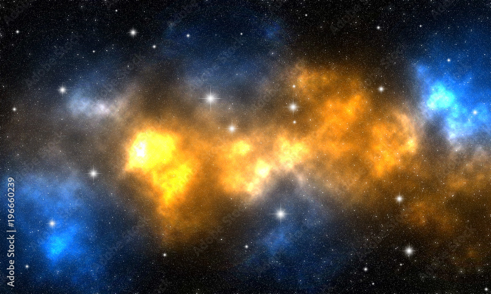 orange and blue nebula with stars in deep space / illustration depicting celestial bodies and an orange and blue nebula in deep space - obrazy, fototapety, plakaty 