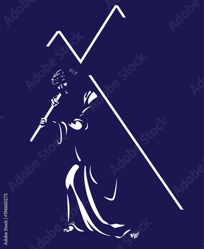 Jesus carrying a cross, a simple stylized vector illustration on a dark purple background. 