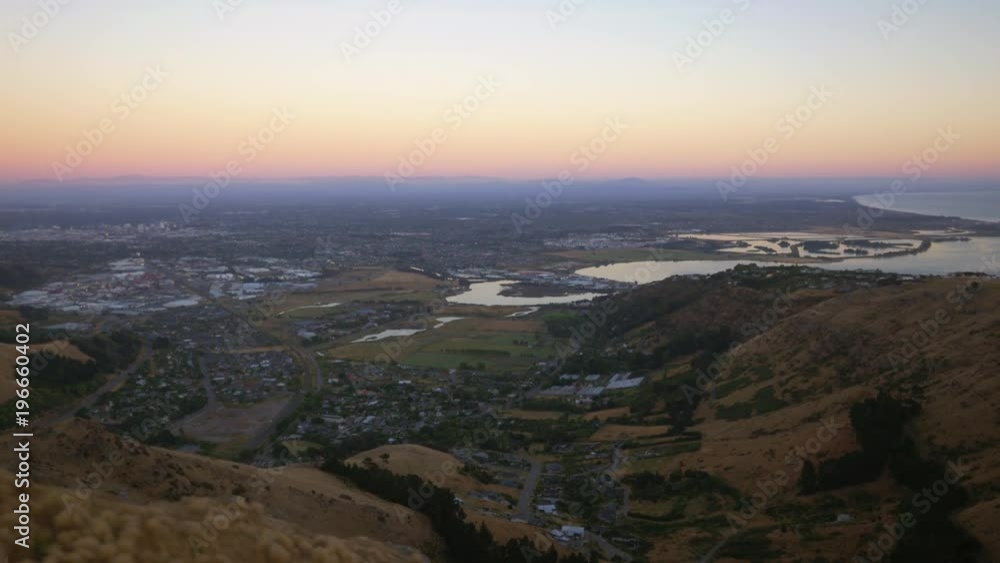 Drone shot of Christchurch at dawn, warm pink autumn colours. Drone shot of Christchurch at dawn, warm pink autumn colours.