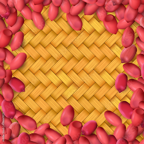 Arachis or peanuts background with red scattered nuts and beans