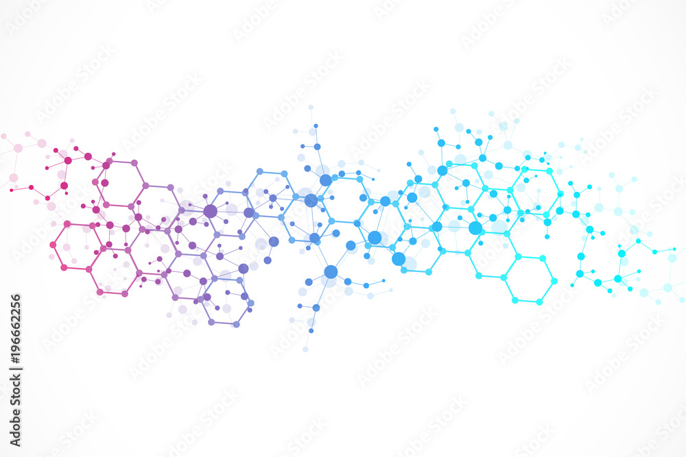 Structure molecule and communication. Dna, atom, neurons. Scientific concept for your design. Connected lines with dots. Medical, technology, chemistry, science background. illustration. - obrazy, fototapety, plakaty 