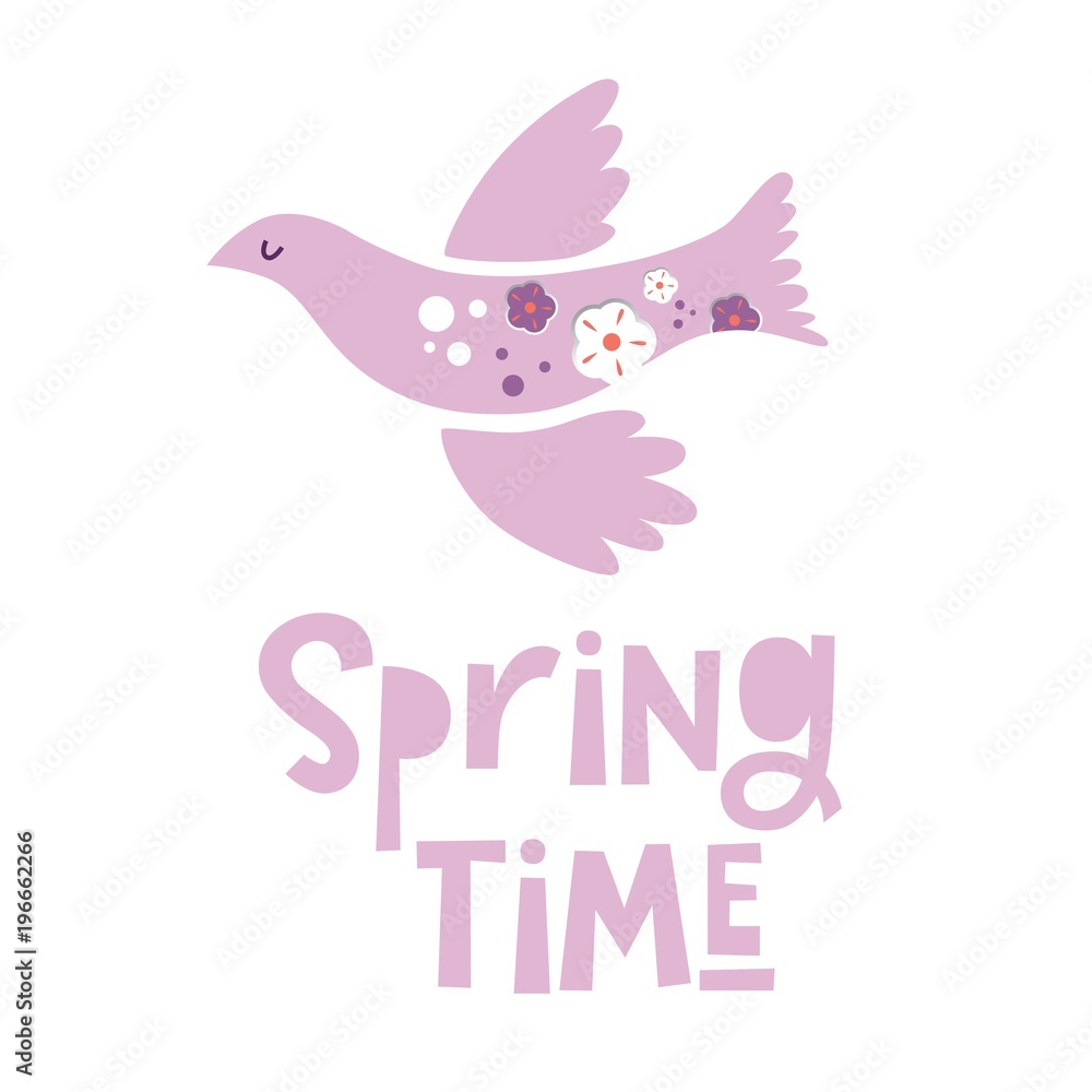 Illustration of a flying bird with the inscription Spring time. For postcards, posters