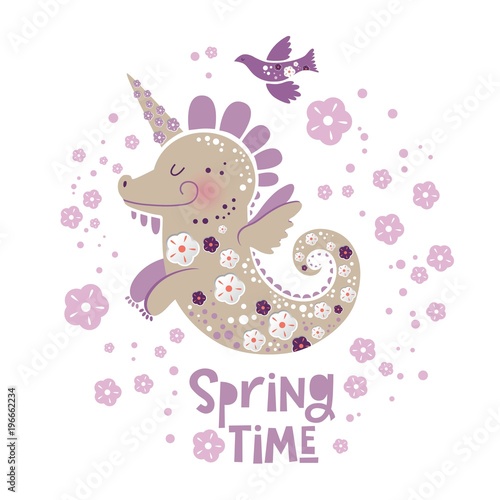 Illustration of unicorn dragon with floral decor and text Spring time. Ideal for baby posters, spring season greetings, invitations, textile prints