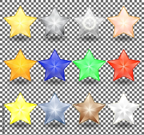 Set of Christmas realistic stars of different colors. New year decoration of bright  metallic and transparent color.