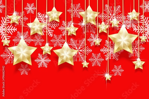 Christmas seamless horizontal pattern with hanging gold stars and snowflakes. Bright New Years border for design.