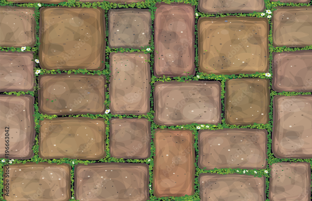 Fototapeta premium Vector seamless texture brown stones pavement covered grass.