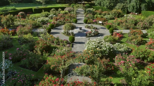 Drone shot of symmetrical rose garden in the Christchurch Botanical Gardens.