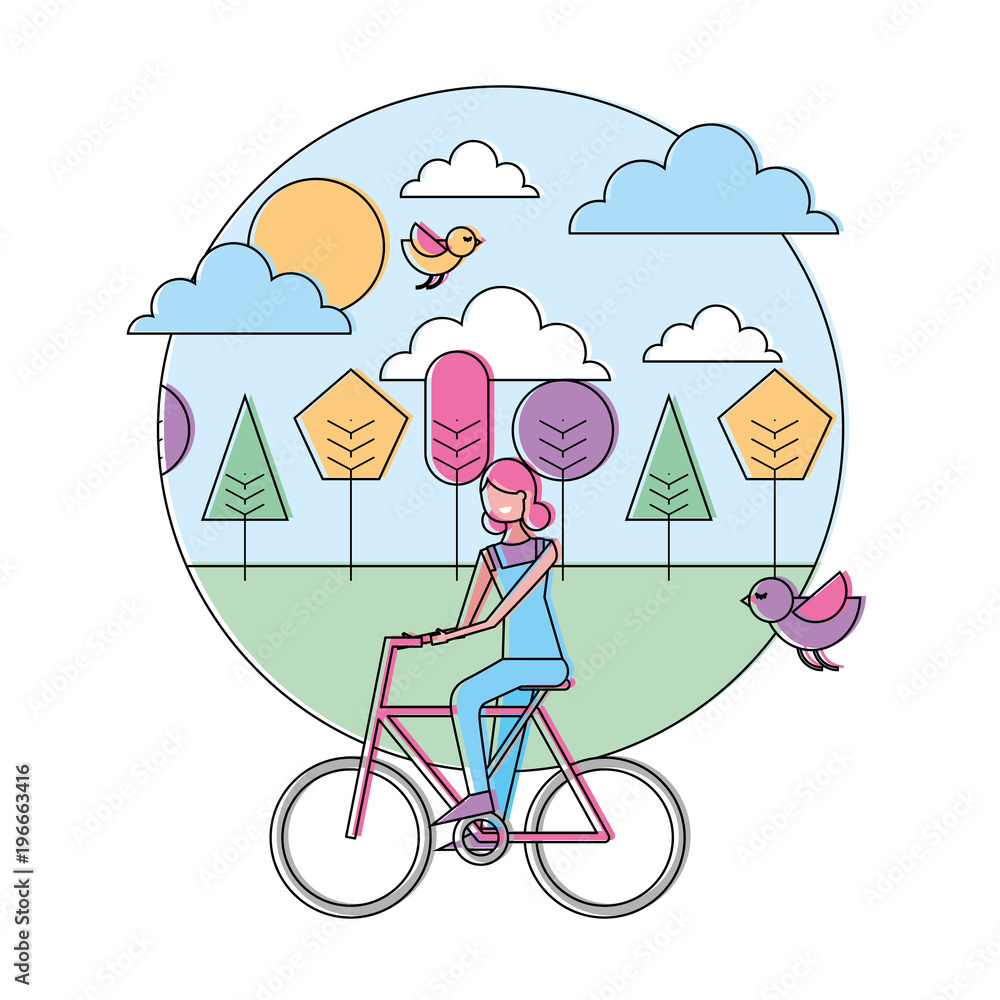 happy young woman riding bicycle in the park birds flying vector illustration happy young woman riding bicycle in the park birds flying vector illustration