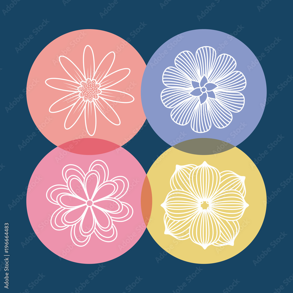 icon set of beautiful flowers over colorful circles and blue background, vector illustration