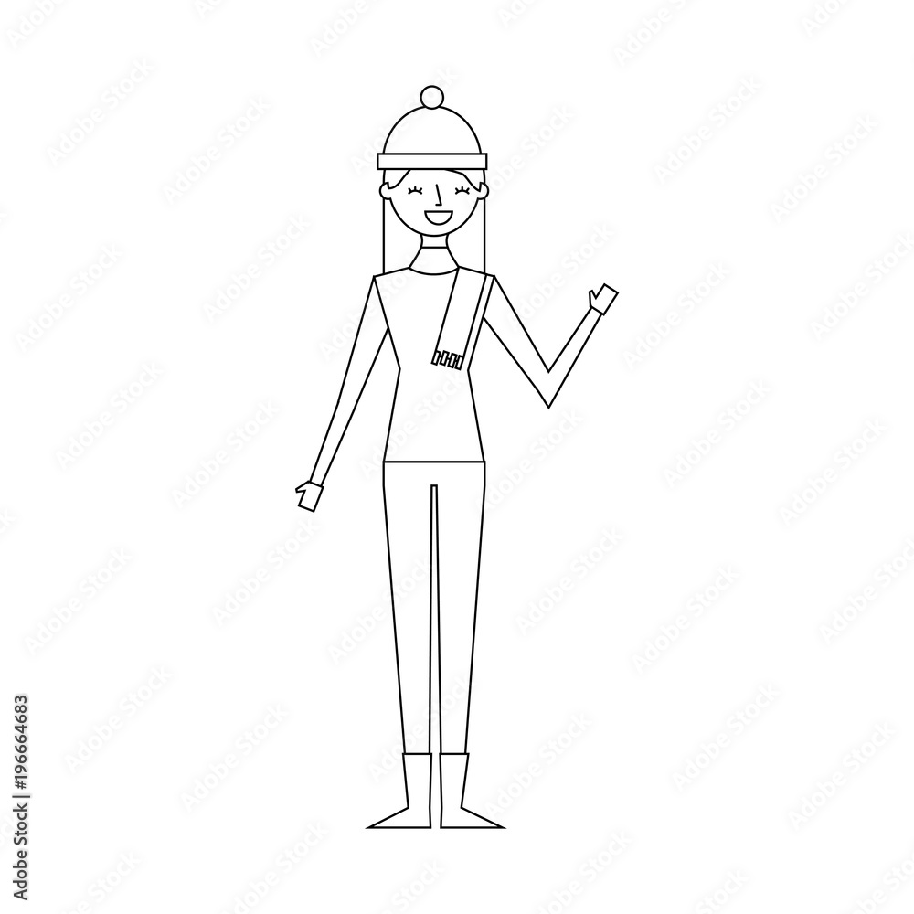 woman happy character with warm clothes season vector illustration outline image